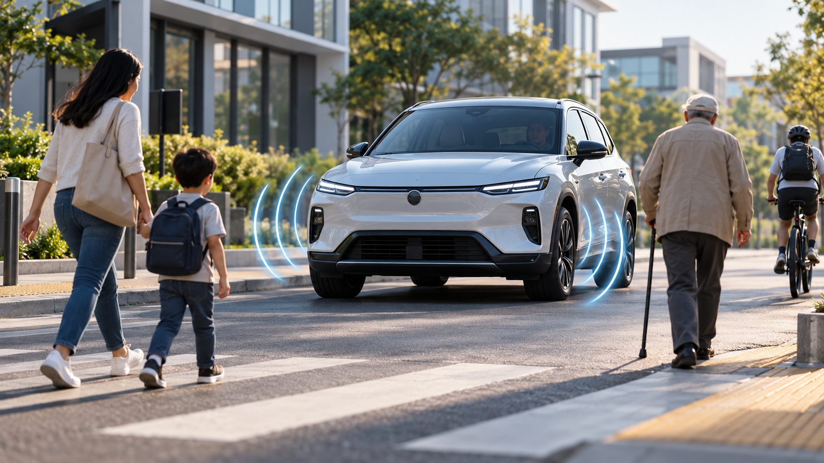 EV alert sound waves coming from an electric vehicle at a pedestrian crossing